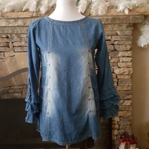 🆕charizma Blue Denim Ruffle Sleeve Shirt Blouse